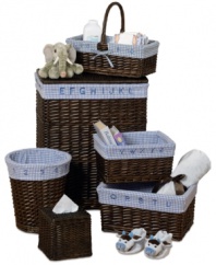 Big ideas for your little one! This comprehensive set brings order into the nursery and makes taking care of baby a whole lot easier. Including everything from storage baskets to a waste basket to a hamper, this set features removable and washable gingham liners with matching embroidered letters & numbers, so learning is part of the order every time.