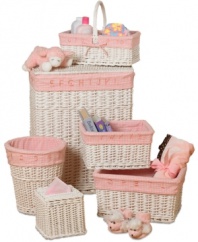 Big ideas for your little one! This comprehensive set brings order into the nursery and makes taking care of baby a whole lot easier. Including everything from storage baskets to a waste basket to a hamper, this set features removable and washable gingham liners with matching embroidered letters & numbers, so learning is part of the order every time.