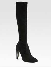 Stretch suede in a knee-high silhouette with a partially lacquered heel and rubber sole for traction. Self-covered and lacquered heel, 4 (100mm)Covered platform, ½ (15mm)Compares to a 3½ heel (90mm)Shaft, 18Leg circumference, 13Stretch suede upperLeather liningRubber solePadded insoleImportedOUR FIT MODEL RECOMMENDS ordering one half size up as this style runs small. 