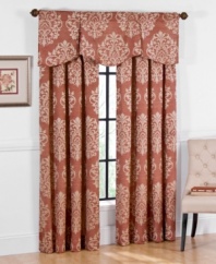 A regal damask print repeats upon a soft, washed ground in this Palmetto window valance from Regal. Featuring an effortless back tap top header with tailored pleats in the front, the achieved look is fitting for casual and traditional decors alike.