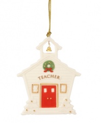 Honor your favorite teacher this Christmas. This precious porcelain school house is finished with gold detailing and makes a perfect gift. Qualifies for Rebate