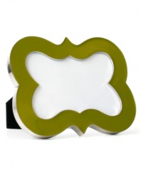 Punctuate a room with the bright enamel coloring and symbol-inspired shape of Curve Bracket picture frames from Jonathan Adler. With velvet backing.