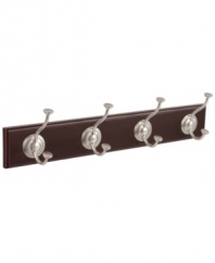 Create order. These mounted side-by-side hooks utilize untapped wall space and make it easy to clean up and organize any room. The satin nickel-finished hooks sit pretty on a finished solid wood board that easily installs in mere minutes.