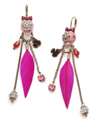 Born to be wild. Betsey Johnson's linear earrings add a dose of adventure to your wardrobe with pink skulls featuring multi-colored details and crystal accents, pink feathers, gold tone flowers, gold tone chains with pink colored crystal accents and clear faceted beads, all dripping from gold tone ear wires with euro wire closure. Approximate drop: 3-1/2 inches.