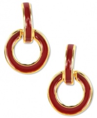 Go for bold pops of color. Anne Klein's 80s-inspired doorknocker earrings feature the fab pairing of red enamel with golden tones. Crafted in gold tone mixed metal. Approximate drop: 1-1/2 inches.