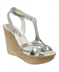 Monaco wedge sandals by Callisto are a unique take on the t-strap silhouette. A super tall wedge heel adds extra height.