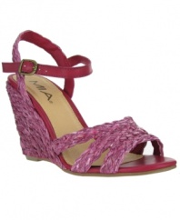 Ravishing and refined. The raffia fabric on the upper of Mia's Poem wedge sandals give the sandals a fresh look.