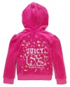 Juicy Couture's lush velour hoodie is pretty front to back with puff sleeves, bright gld tone buttons and a back floral logo graphic.