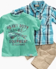 Handy man. Your little guy is sure to fix any bad day, especially in this darling 3-piece plaid shirt, t-shirt and short set from Nannette.