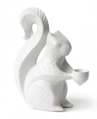 Creature comfort. Jonathan Adler brings the humble squirrel to life and to light with this glazed white candlestick, crafted of high-fired stoneware.
