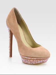 Sparkling, strategically placed crystals add a touch of glimmer to this suede platform pump. Crystal-coated heel, 5½ (140mm)Crystal-coated island platform, 1 (25mm)Compares to a 4½ heel (115mm)Suede upperLeather lining and crystal-coated solePadded insoleImportedOUR FIT MODEL RECOMMENDS ordering one size up as this style runs small. 