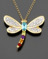 Lighthearted style that makes you smile. This dragonfly pendant features oval-cut blue topaz (14 ct. t.w.), round-cut amethyst accents, round-cut citrine accents and round-cut garnet accents set in 14k gold. Approximate length: 18 inches. Approximate drop: 3/4 inch.