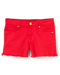 Short shorts for a long summer. The garment dyed cut offs sport a frayed hem and classic 5-pocket jean styling.