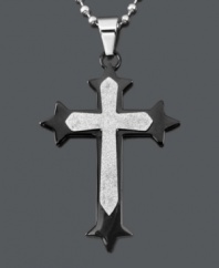 Display your dynamic sense of faith in solid style. This men's cross pendant features an intricate design and matching ball chain. Crafted in stainless steel and black ion-plated stainless steel. Approximate length: 24 inches. Approximate drop width: 1-1/2 inches. Approximate drop length: 1-3/4 inches.