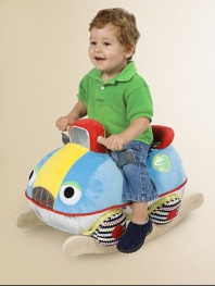 Put the pedal to the metal and rock on this soft, colorful, smiling, chubby stuffed car that sits atop a solid wooden rocker frame.About 16H X 13D X 24LSuitable for ages 1 year and upImported
