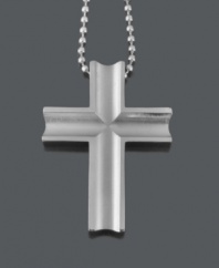 Show strength in style and faith. This symbolic men's necklace features a simple cross set in solid titanium and strung on a matching bead chain. Approximate length: 24 inches. Approximate drop width: 1-1/2 inches. Approximate drop length: 2-1/10 inches.