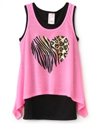 A studded animal print heart on a flowing, arc-hem cropped overlay ups the ante in this wild tank top from Kiddo.
