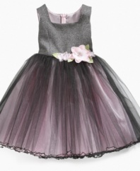 The perfectly pretty look for the big occasion, this dress from Bonnie Jean has fun flower appliques and a lovely, tulle overlay skirt.