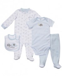 Prepared for any adventure. He'll be ready to trek along anywhere in this comfy 4-piece bodysuit, pant, coverall and bib set from Carter's.