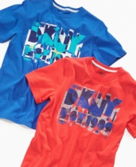 All shook up. Spice up his everyday basics with one of these bright graphic t-shirts from DKNY.