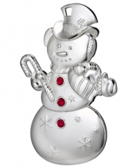 A snowman built to last, this Waterford ornament lacks a carrot nose and eyes of coal but shines even brighter in beautiful silver plate with sparkling red buttons.