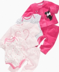 Fill her day with fun in one of these sweet and lovely bodysuit, jacket and pant 3-piece sets from First Impressions.