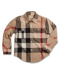 Oversized Burberry check on a timeless button-up silhouette for big Brit style.