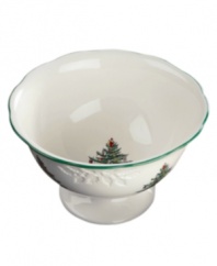 With an historic pattern starring the most cherished symbol of the season, Spode's Christmas Tree compote bowl is a festive gift to holiday dining. Featuring debossed holly and evergreen trees with baubles, tinsel and presents.