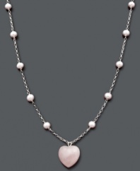 Sweet femininity. Show your subtle side in this delicate pendant necklace with heart-shaped rose quartz (18 ct. t.w.) and pink cultured freshwater pearls (5-6 mm). Set in sterling silver. Approximate length: 18 inches. Approximate drop: 5/8 inch.