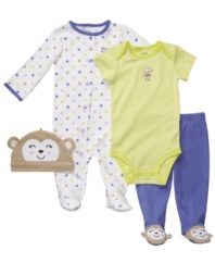 Monkey see, monkey do. Keep your sweet mini-me cute and cozy in this fun 4-piece bodysuit, pant, coverall and hat set from Carter's.