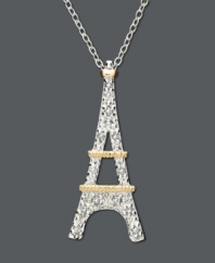 Sophisticated and chic, this Eiffel Tower pendant is Tres Magnifique! Necklace features round-cut diamond (1/10 ct. t.w.) in an 18k gold and sterling silver setting. Approximate length: 18 inches. Approximate drop: 1 inch.
