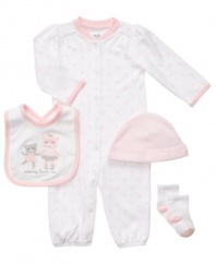 Do a little dance. She'll be ready to move in this cute and comfy 4-piece coverall, beanie, sock and bib set from Carter's.