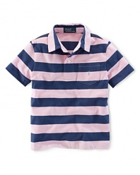 A classic polo is rendered in striped jersey-knit cotton for a preppy look.