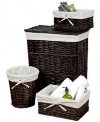 These earthy accents bring organization & understated style into your space to clean up the way you sort and store your laundry, bath-time essentials and more. Including a hamper, waste basket, medium storage basket & large storage basket, this set features a stunning handcrafted walnut willow construction.