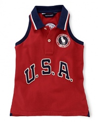 A red, white and blue design finished with U.S.A. patching and embroidered emblems gives a preppy all-American look to the classic sleeveless polo, celebrating Team USA's participation in the 2012 Olympics.Sleeveless racerback silhouette.
