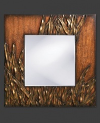 Overcome with lush grasses, this square wall mirror evokes the warmth and natural beauty of a sun-drenched pasture. Bending and overlapping in rich textural detail, each blade of grass is radiant in copper and bronze.