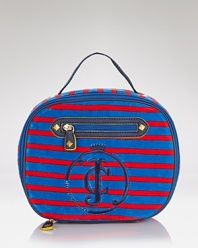 A stylish way to strut back to school, this striped velour lunchbox has Juicy Couture's signature accents, like the large embroidered crown logo on the front, goldtone trim and the oversized zip pocket on the front.