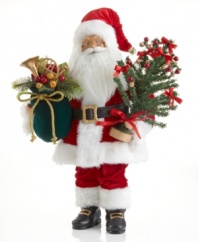 St. Nick sure has his hands full. Carrying beautiful trim and trees, this holiday-perfect Santa Claus figurine makes a special Christmas delivery in his traditional red and white getup.