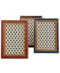 A little rough around the edges, Shabby Chic picture frames from Tizo have the rustic elegance that appeals in classic and country decor. With a splash of color, gold trim and fleur de lys print.