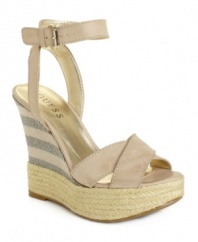 Perfectly girlie and ready for warm weather! The Kambria sandals by GUESS are a summertime classic with their feminine hues and beachy jute and twill wedge heel.