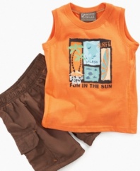 Surfin' safari. Get him ready for the waves in this adorable graphic tank and cargo short set from Nannette.