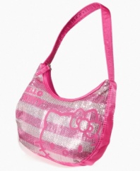 Cute carryall. She can bring her favorite kitty along with all her essentials in this dainty sequined hobo bag from Hello Kitty.
