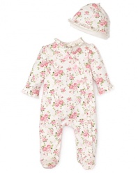Little Me Infant Girls' Cabbage Rose Footie & Cap - Sizes 3-9 Months