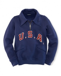 This sporty long-sleeved pullover in ultra-soft cotton fleece celebrates Team USA's participation in the 2012 Olympics with U.S.A. patching and vintage-inspired style.
