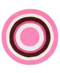 Right on target. Perfect for kids and teens, these round rugs add a pop of color to the floor, hitting the bullseye with a design of vibrant pink circles. Hand hooked from poly-acrylic material, each friendly floor covering is durable enough to stand up to even the most rigorous play.