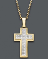 The perfect way to express your faith. This stylish men's cross pendant is decorated by double rows of round-cut diamonds (1/4 ct. t.w.). Setting and chain crafted in gold ion-plated stainless steel. Approximate length: 22 inches. Approximate drop: 1-1/2 inches.