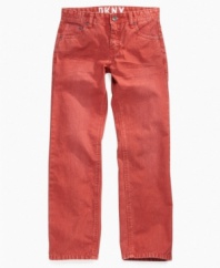How do he like them apples? He'll love picking these jeans from DKNY again and again, which come in a candy apple red wash for a hip, modern style.