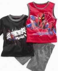 Amazing style. He can be like his favorite superhero when he's swinging around in the backyard with this t-shirt, tank and shorts set.