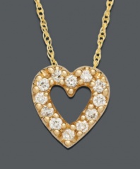 Liven up your love with this sparkling diamond heart necklace. Small heart pendant features round-cut diamond (1/8 ct. t.w.) set in 14k gold. Approximate length: 18 inches. Approximate drop: 1/4 inch.