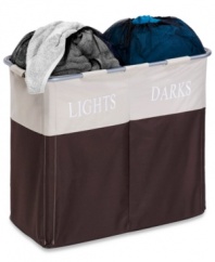 See the difference between light & dark! A dual compartment hamper makes it easy to sort and store the different garments in your wardrobe. A heavy-duty exterior feature a mesh top with drawstring closure.